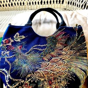 Blue and Gold Multi-Color Embroidered Peacock Bead Accent Tote Ella & Ella